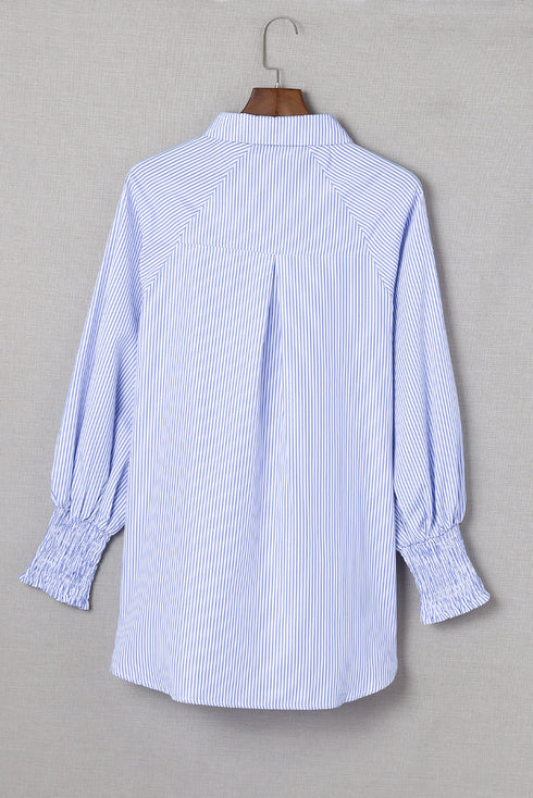 Striped Smocked Cuff Relaxed Fit Button Down Shirt