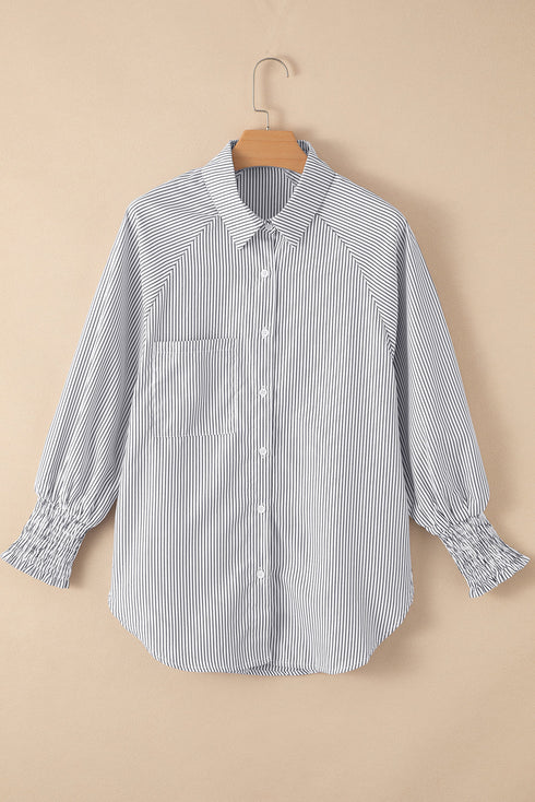 Striped Smocked Cuff Relaxed Fit Button Down Shirt