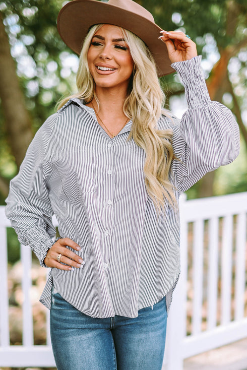 Striped Smocked Cuff Relaxed Fit Button Down Shirt
