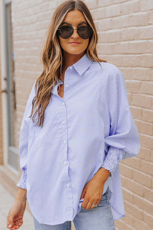 Striped Smocked Cuff Relaxed Fit Button Down Shirt