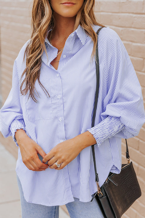 Striped Smocked Cuff Relaxed Fit Button Down Shirt