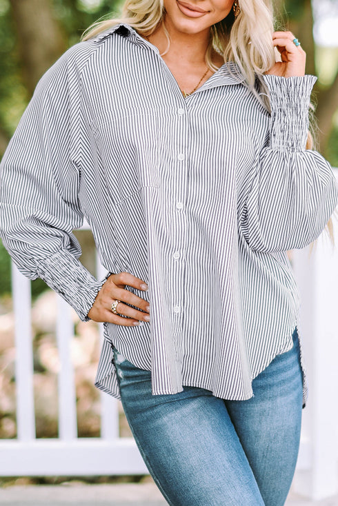 Striped Smocked Cuff Relaxed Fit Button Down Shirt