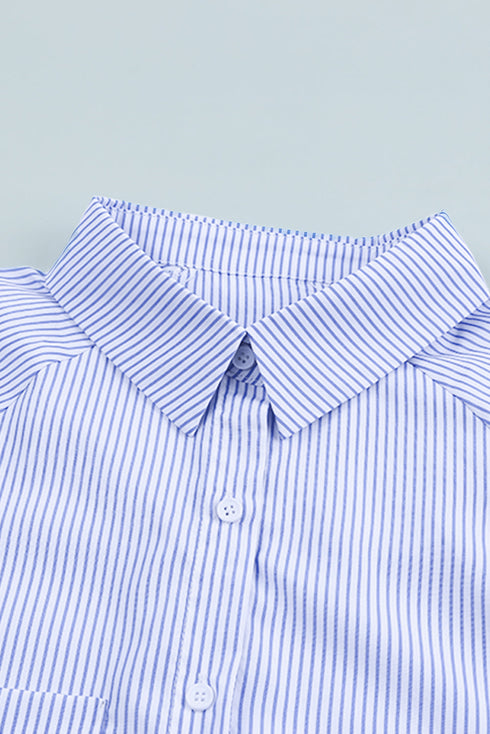 Striped Smocked Cuff Relaxed Fit Button Down Shirt