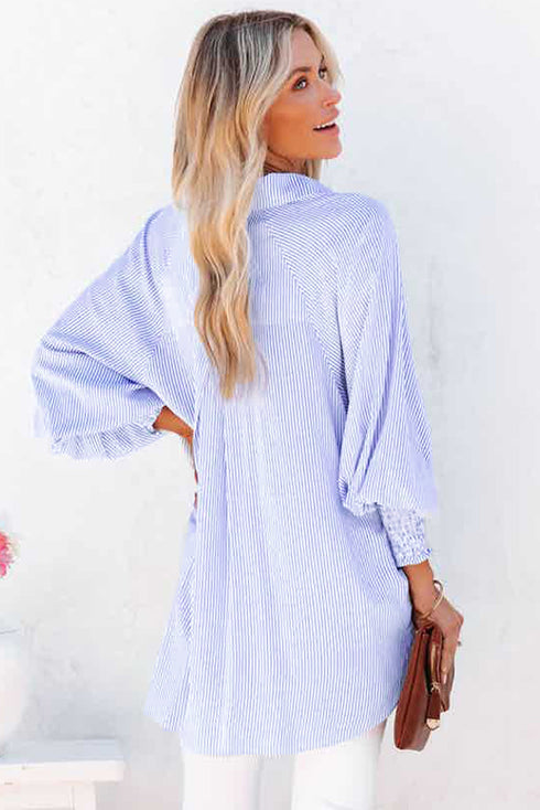 Striped Smocked Cuff Relaxed Fit Button Down Shirt