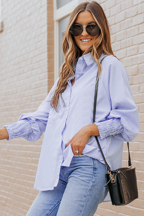 Striped Smocked Cuff Relaxed Fit Button Down Shirt