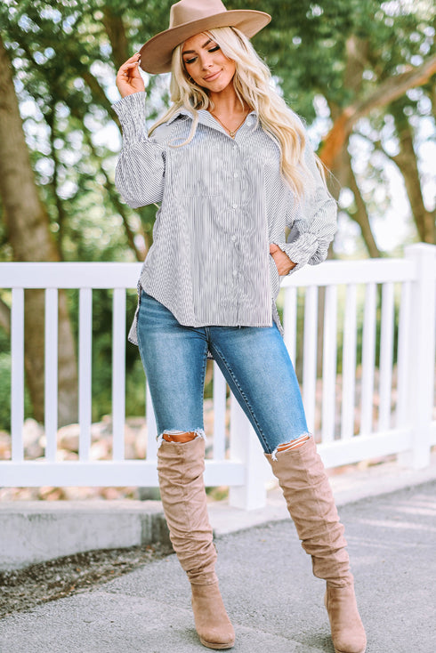 Striped Smocked Cuff Relaxed Fit Button Down Shirt