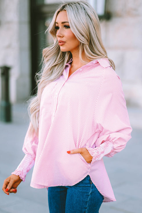 Striped Smocked Cuff Relaxed Fit Button Down Shirt