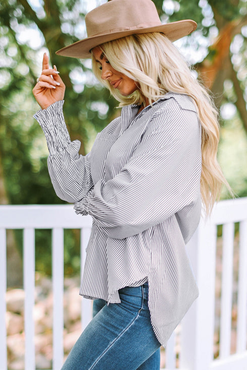 Striped Smocked Cuff Relaxed Fit Button Down Shirt