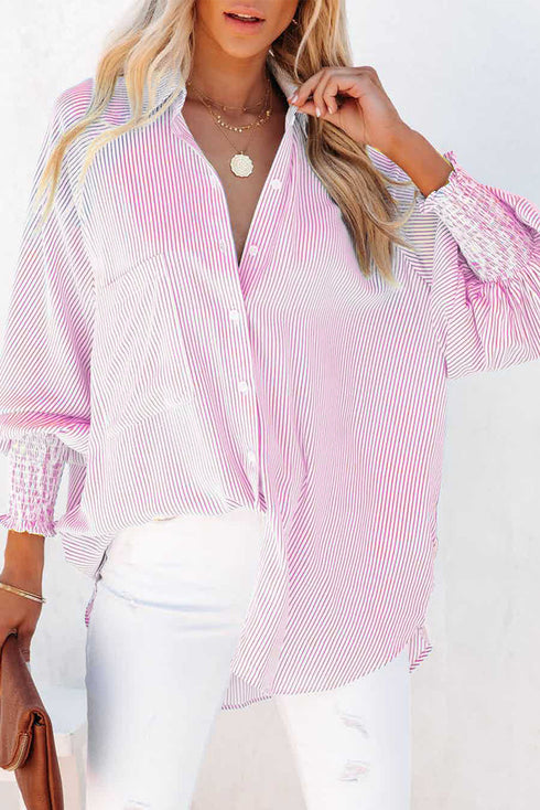 Striped Smocked Cuff Relaxed Fit Button Down Shirt