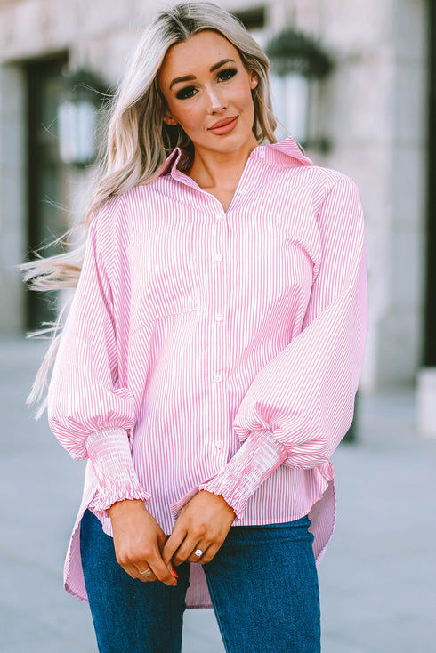 Striped Smocked Cuff Relaxed Fit Button Down Shirt