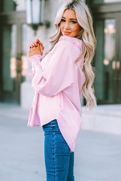 Striped Smocked Cuff Relaxed Fit Button Down Shirt
