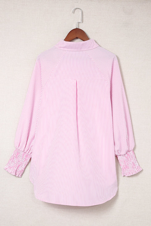 Striped Smocked Cuff Relaxed Fit Button Down Shirt
