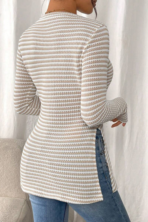 Striped Soft Knit Side Slit Long Sleeve Tunic Top