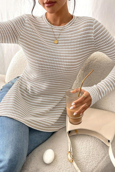 Striped Soft Knit Side Slit Long Sleeve Tunic Top