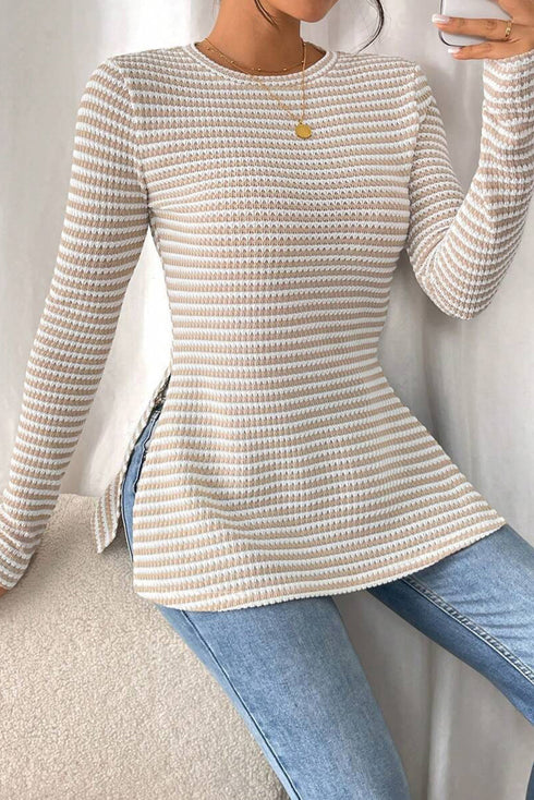 Striped Soft Knit Side Slit Long Sleeve Tunic Top