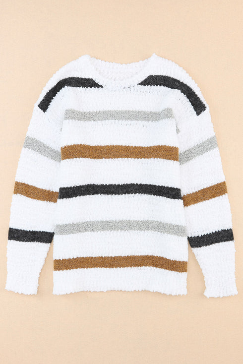 Striped Soft Textured Knit Crew Neck Pullover Sweater