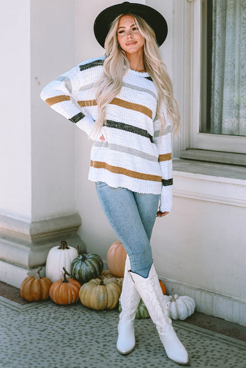 Striped Soft Textured Knit Crew Neck Pullover Sweater