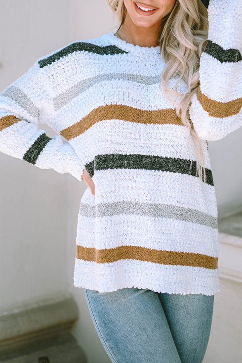 Striped Soft Textured Knit Crew Neck Pullover Sweater