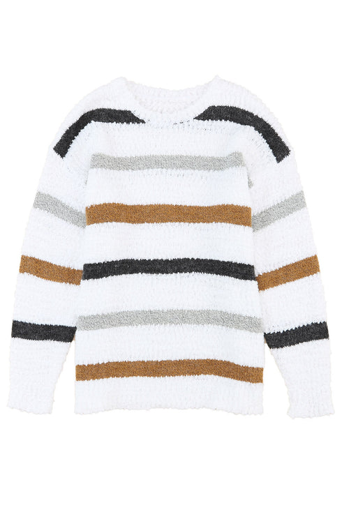 Striped Soft Textured Knit Crew Neck Pullover Sweater