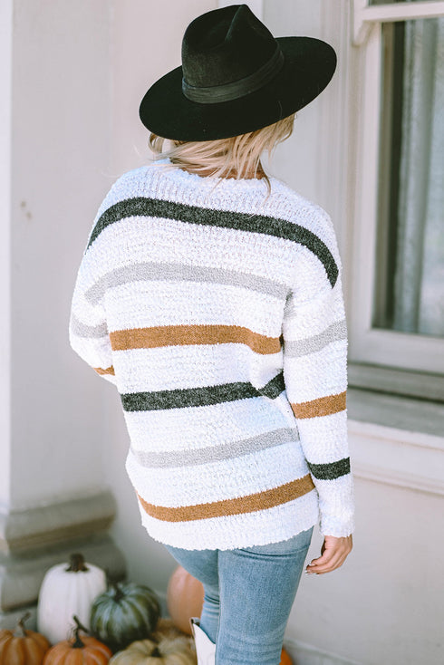 Striped Soft Textured Knit Crew Neck Pullover Sweater