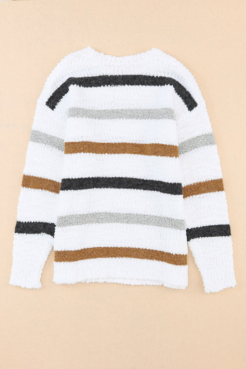Striped Soft Textured Knit Crew Neck Pullover Sweater