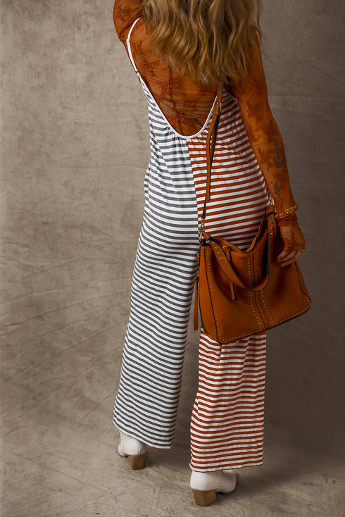 Striped Spaghetti Strap Backless Wide Leg Jumpsuit