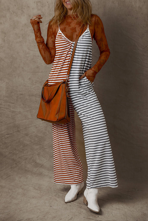 Striped Spaghetti Strap Backless Wide Leg Jumpsuit