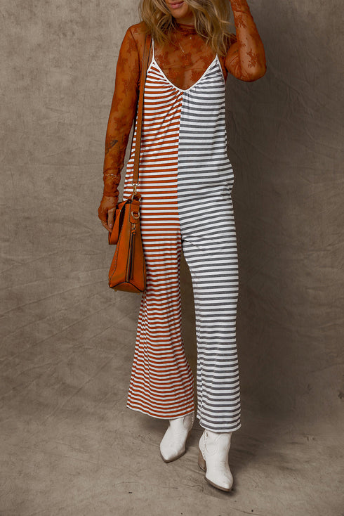 Striped Spaghetti Strap Backless Wide Leg Jumpsuit