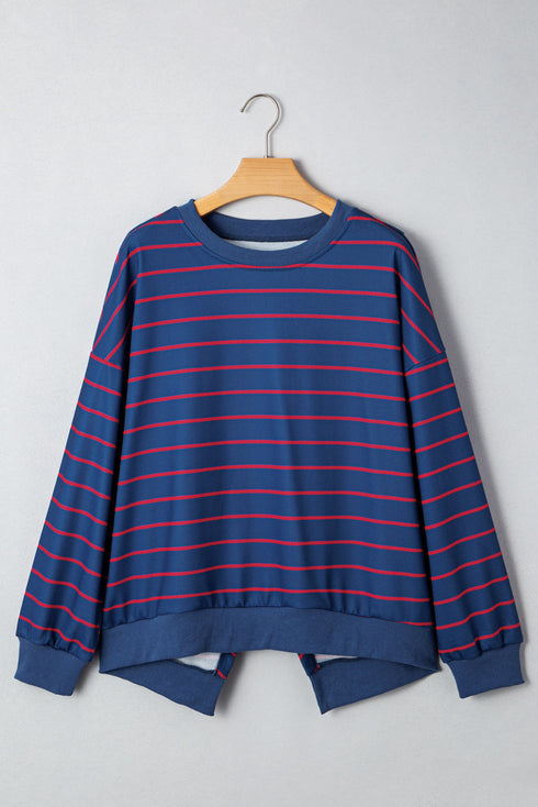 Striped Split Back Crew Neck Pullover Sweatshirt