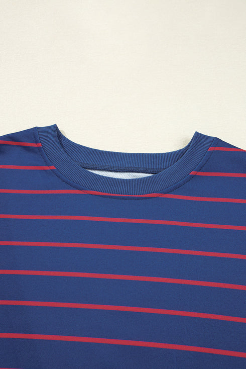 Striped Split Back Crew Neck Pullover Sweatshirt