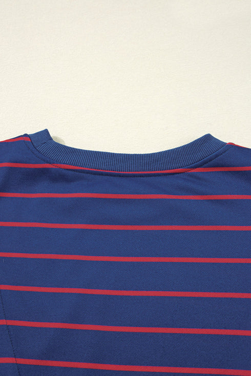 Striped Split Back Crew Neck Pullover Sweatshirt