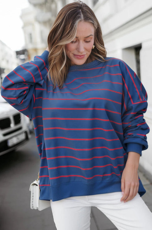 Striped Split Back Crew Neck Pullover Sweatshirt