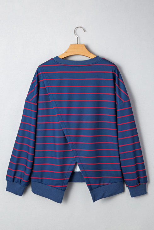 Striped Split Back Crew Neck Pullover Sweatshirt