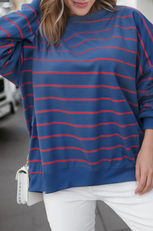 Striped Split Back Crew Neck Pullover Sweatshirt