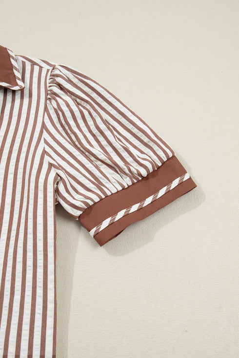 Striped Split Neck Collared Short Bubble Sleeve Blouse