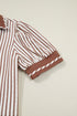 Striped Split Neck Collared Short Bubble Sleeve Blouse