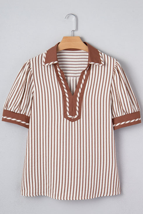 Striped Split Neck Collared Short Bubble Sleeve Blouse