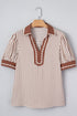 Striped Split Neck Collared Short Bubble Sleeve Blouse