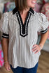 Striped Split Neck Collared Short Bubble Sleeve Blouse
