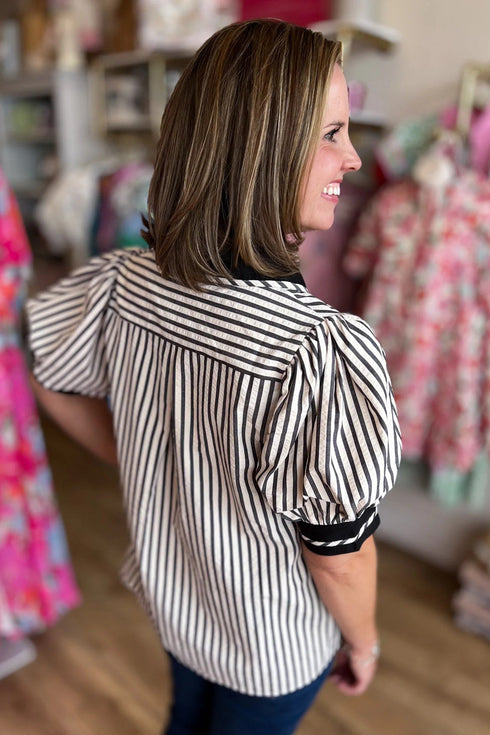 Striped Split Neck Collared Short Bubble Sleeve Blouse