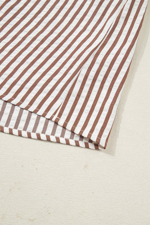 Striped Split Neck Collared Short Bubble Sleeve Blouse