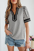 Striped Split Neck Collared Short Bubble Sleeve Blouse