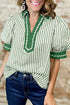 Striped Split Neck Collared Short Bubble Sleeve Blouse