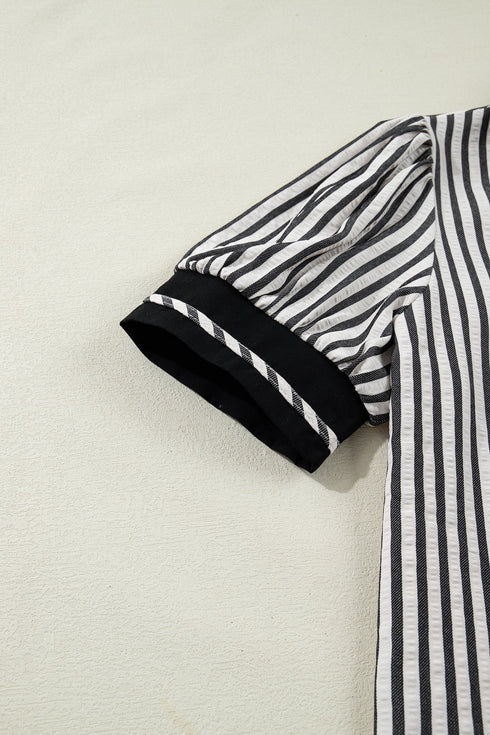 Striped Split Neck Collared Short Bubble Sleeve Blouse