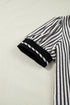 Striped Split Neck Collared Short Bubble Sleeve Blouse
