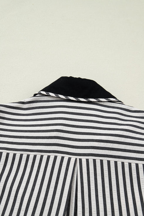 Striped Split Neck Collared Short Bubble Sleeve Blouse