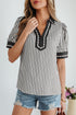 Striped Split Neck Collared Short Bubble Sleeve Blouse