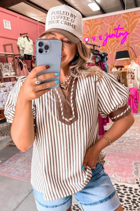 Striped Split Neck Collared Short Bubble Sleeve Blouse
