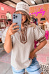Striped Split Neck Collared Short Bubble Sleeve Blouse