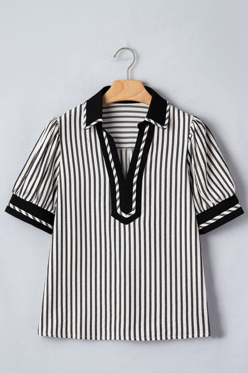 Striped Split Neck Collared Short Bubble Sleeve Blouse